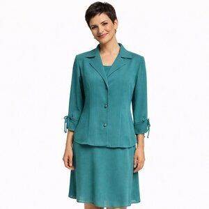 JG Hook Vintage Sheer Green Jacket Lined Dress 2 Piece Outfit Bell Sleeves Bows